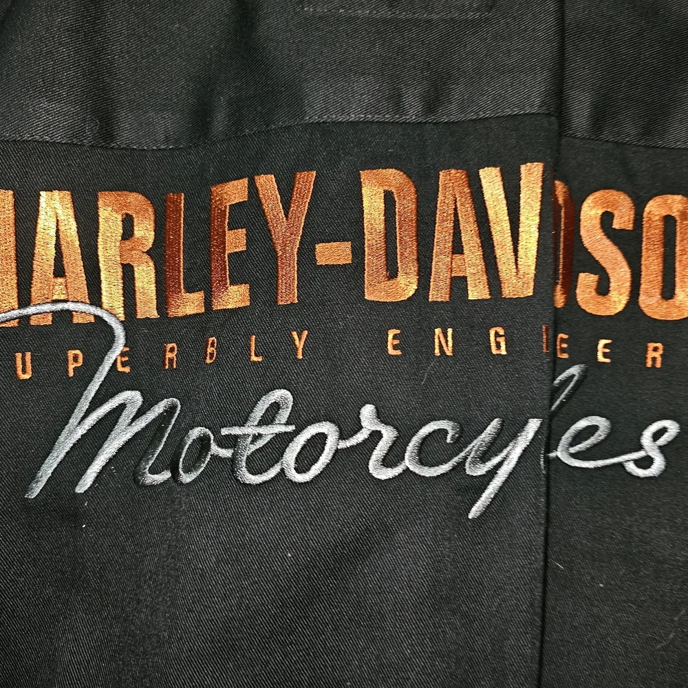 Harley-Davidson Black Short Sleeve Button-Up Shirt with Orange Logo Patches - Picture 8 of 8